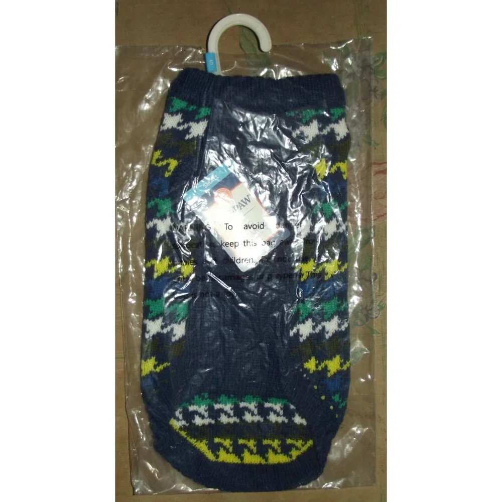 Top Paw Dog Sweater Size Small navy blue houndstooth print green yellow gray